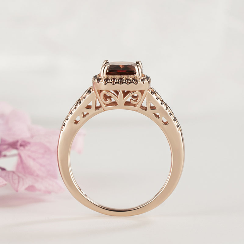 Emerald Cut Chocolate Sterling Silver Rose Gold Halo Engagement Ring
