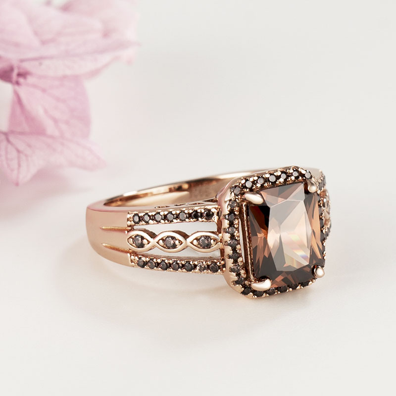 Emerald Cut Chocolate Sterling Silver Rose Gold Halo Engagement Ring