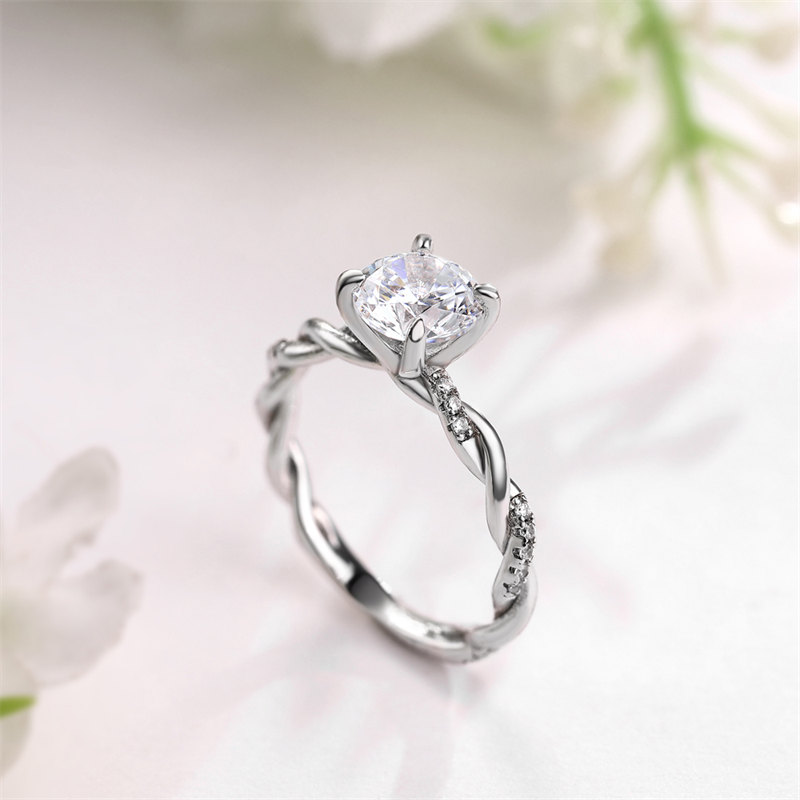 Round Cut Diamond White 925 Sterling Silver Twisted Engagement Ring