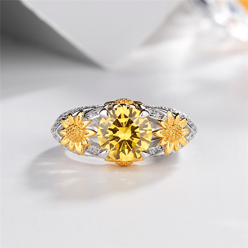 Round Cut Yellow Topaz 925 Sterling Silver Sunflower Ring
