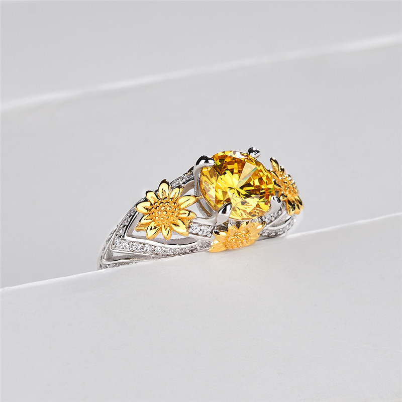 Round Cut Yellow Topaz 925 Sterling Silver Sunflower Ring