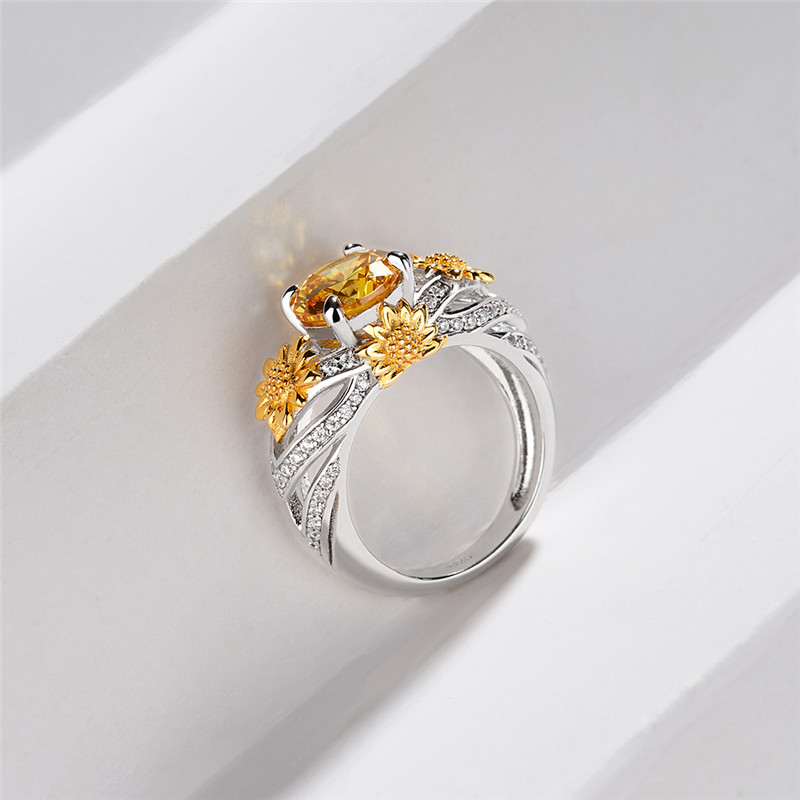 Round Cut Yellow Topaz 925 Sterling Silver Sunflower Ring