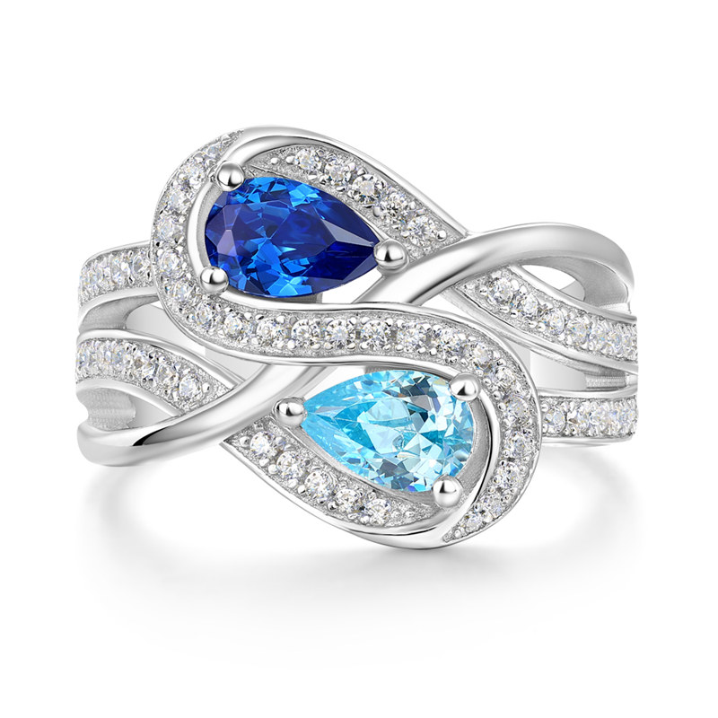 Pear Cut Aquamarine and Blue Sapphire 925 Sterling Silver Toi et Moi Ring