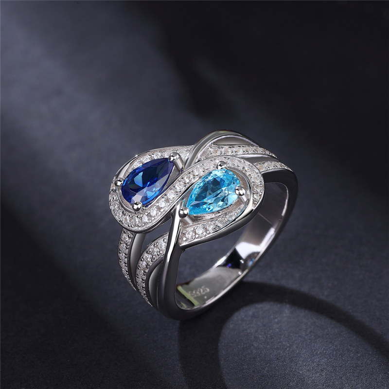 Pear Cut Aquamarine and Blue Sapphire 925 Sterling Silver Toi et Moi Ring