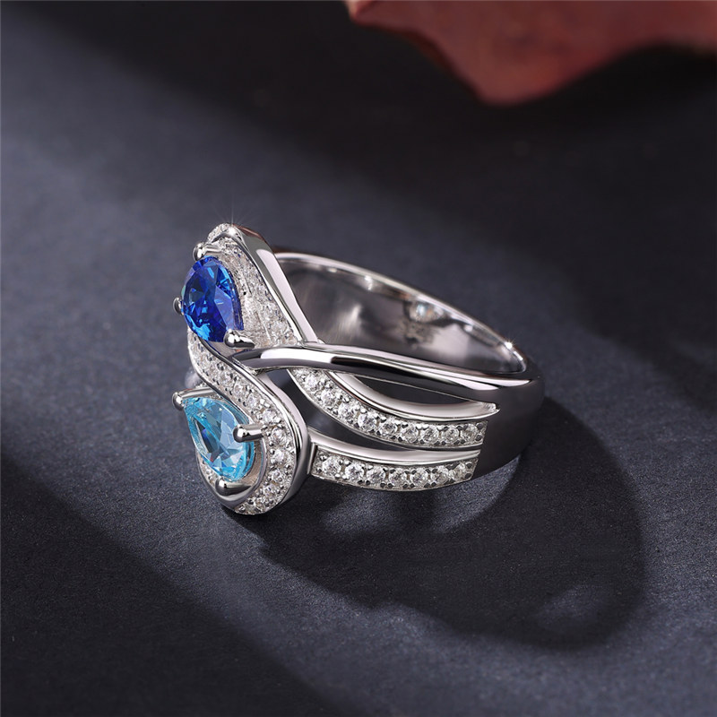 Pear Cut Aquamarine and Blue Sapphire 925 Sterling Silver Toi et Moi Ring