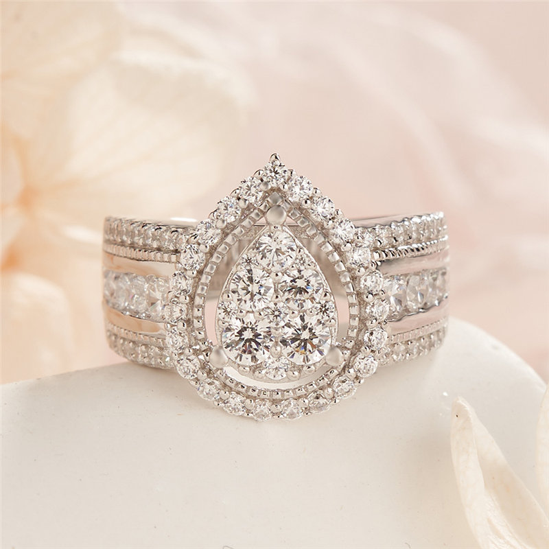 Pear Shape Round Cut White Sapphire 925 Sterling Silver Cluster Engagement Ring