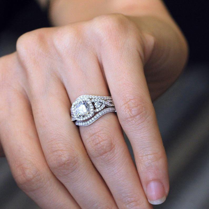 Round Cut Diamond White 925 Sterling Silver Twisted Halo 3-Piece Bridal Ring Set