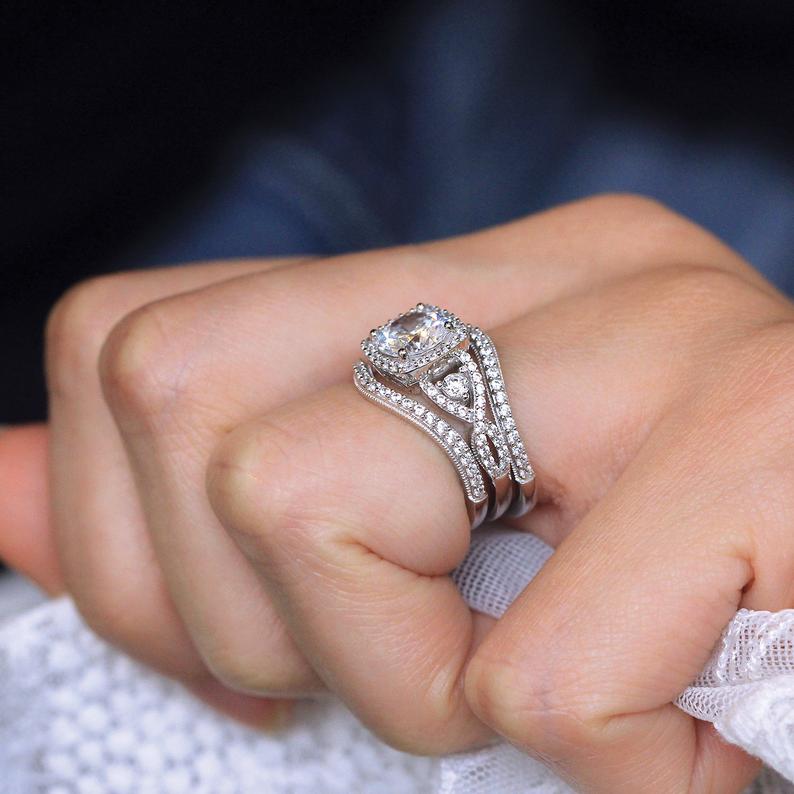 Round Cut Diamond White 925 Sterling Silver Twisted Halo 3-Piece Bridal Ring Set