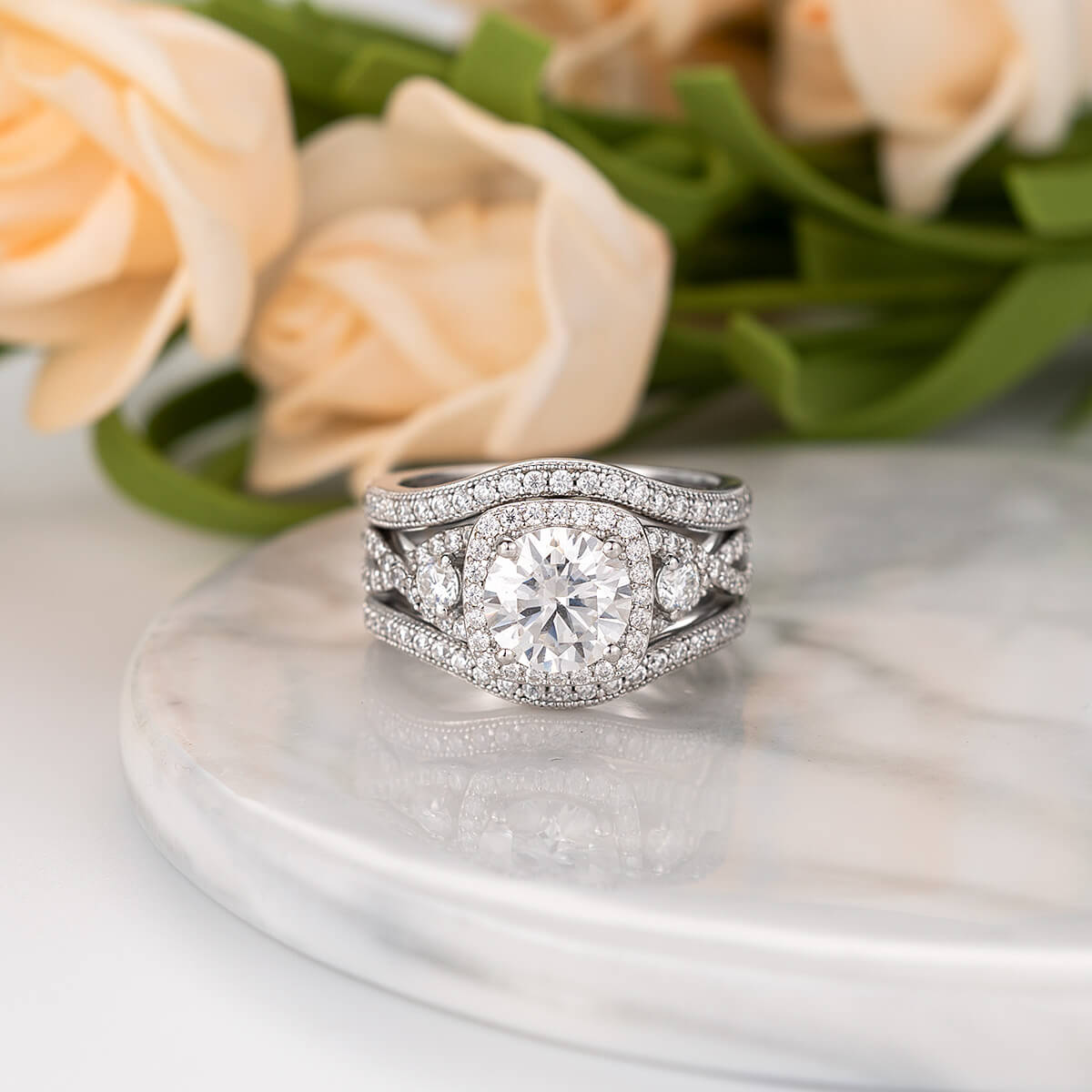 Round Cut Diamond White 925 Sterling Silver Twisted Halo 3-Piece Bridal Ring Set