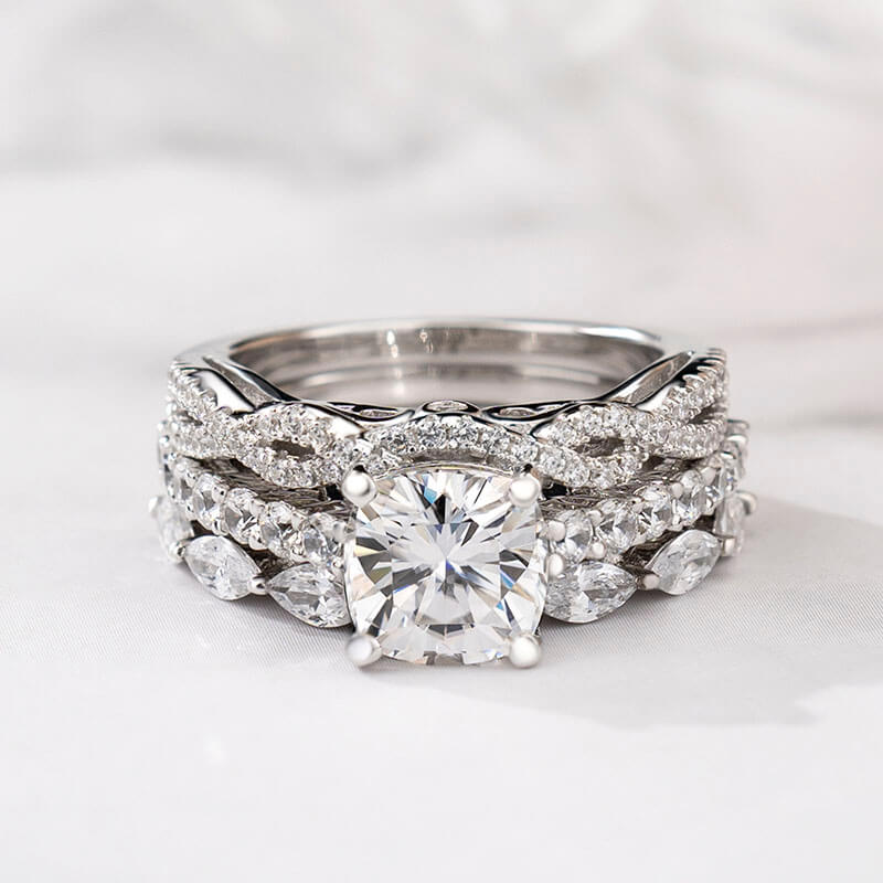 Cushion Cut Diamond White Sterling Silver 3-Piece Bridal Ring Set