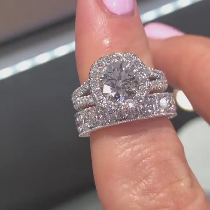 Round Cut Diamond White 925 Sterling Silver 2-Piece Halo Bridal Ring Set