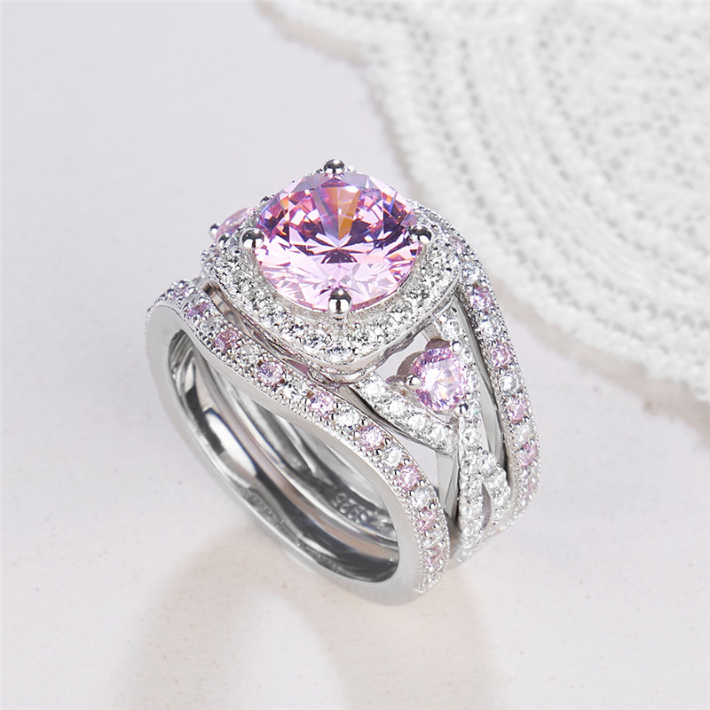 Round Cut Fancy Pink 925 Sterling Silver Twisted Halo 3-Piece Bridal Ring Set