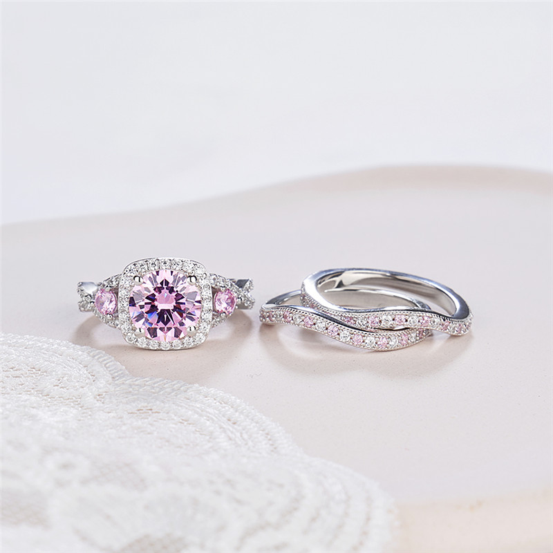 Round Cut Fancy Pink 925 Sterling Silver Twisted Halo 3-Piece Bridal Ring Set