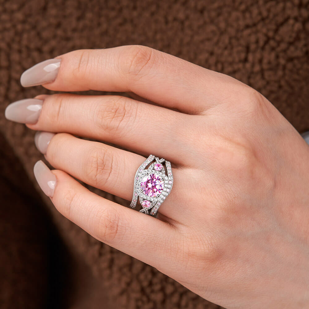 Round Cut Fancy Pink 925 Sterling Silver Twisted Halo 3-Piece Bridal Ring Set
