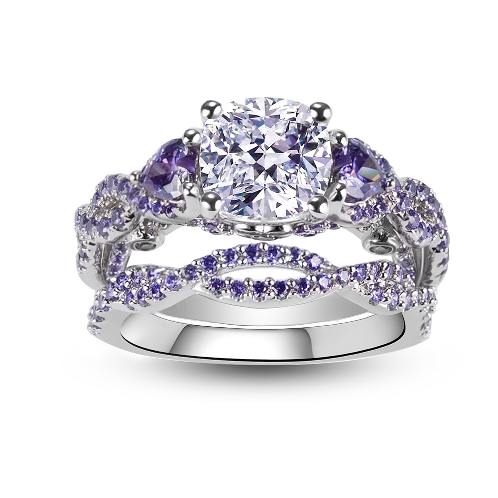 Cushion Cut Amethyst Purple Sterling Silver 3-Stone Bridal Ring Set