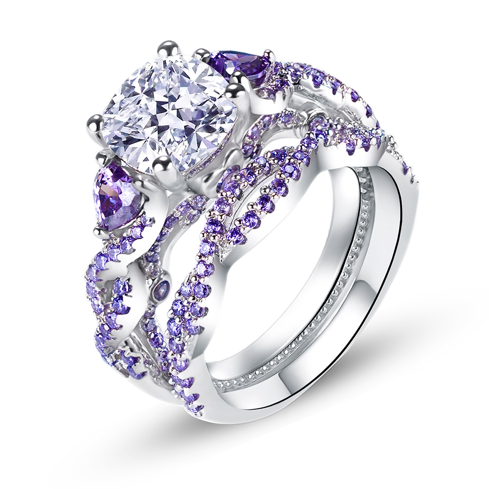 Cushion Cut Amethyst Purple Sterling Silver 3-Stone Bridal Ring Set