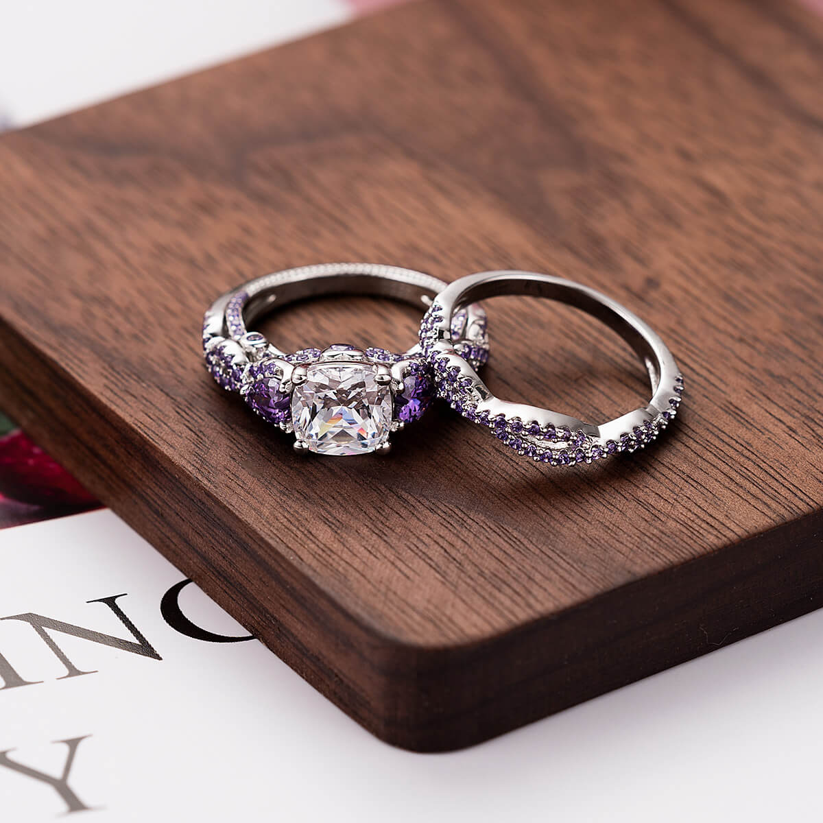 Cushion Cut Amethyst Purple Sterling Silver 3-Stone Bridal Ring Set