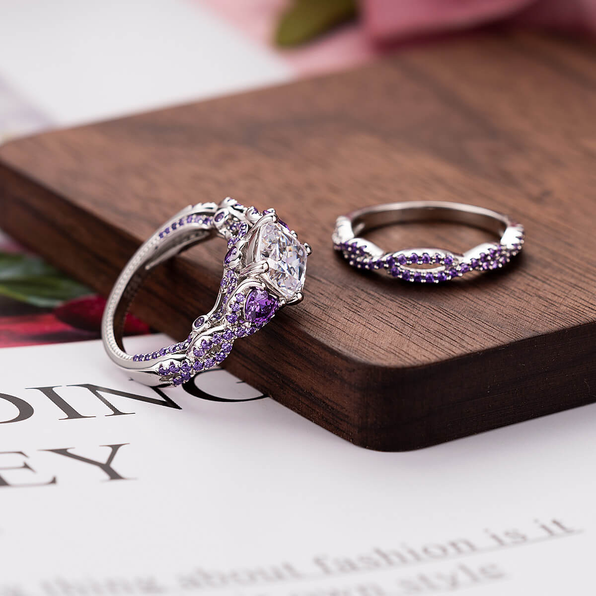 Cushion Cut Amethyst Purple Sterling Silver 3-Stone Bridal Ring Set