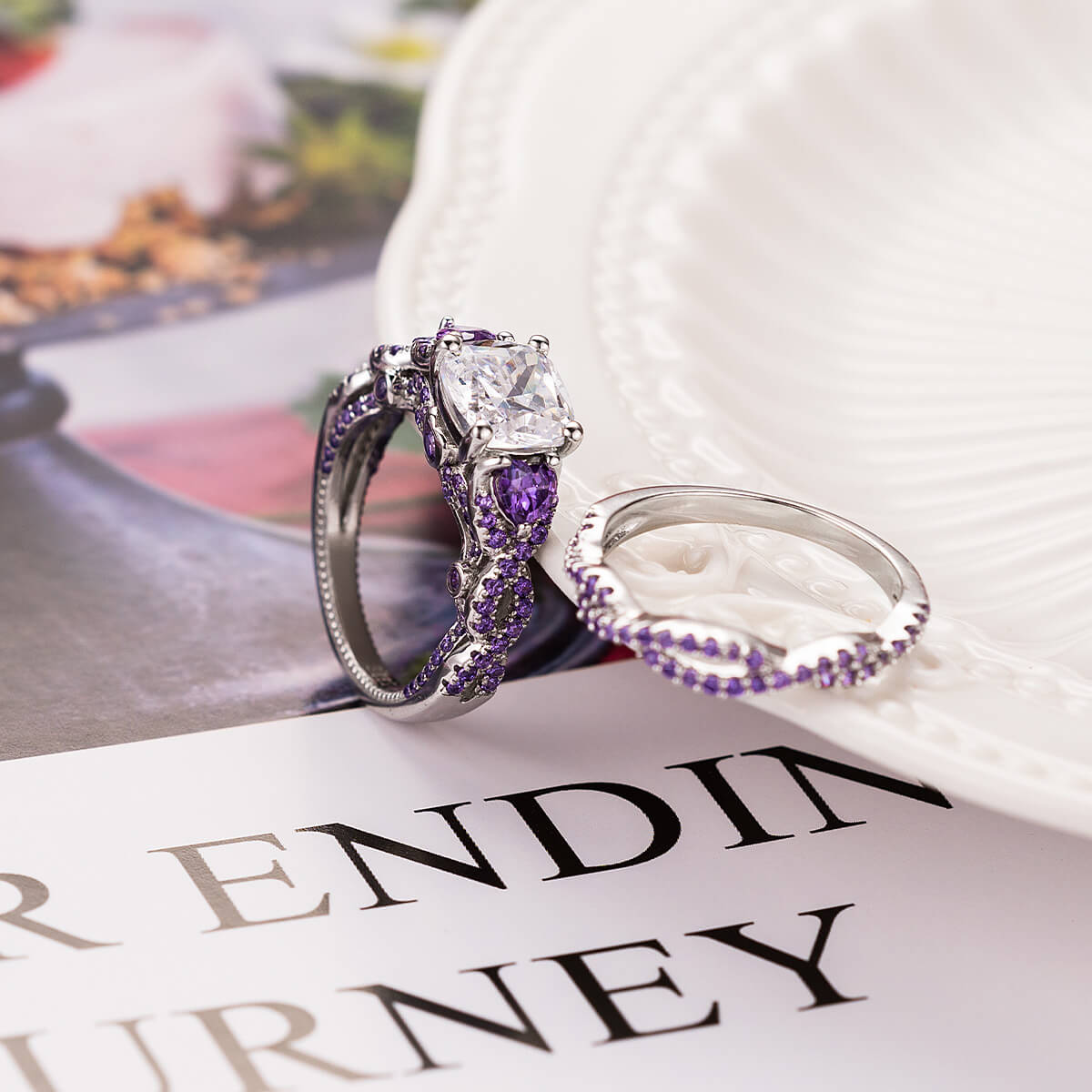 Cushion Cut Amethyst Purple Sterling Silver 3-Stone Bridal Ring Set