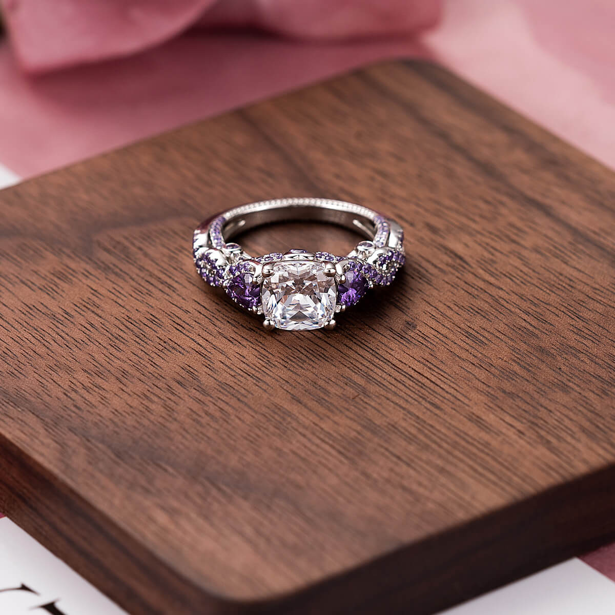 Cushion Cut Amethyst Purple Sterling Silver 3-Stone Bridal Ring Set