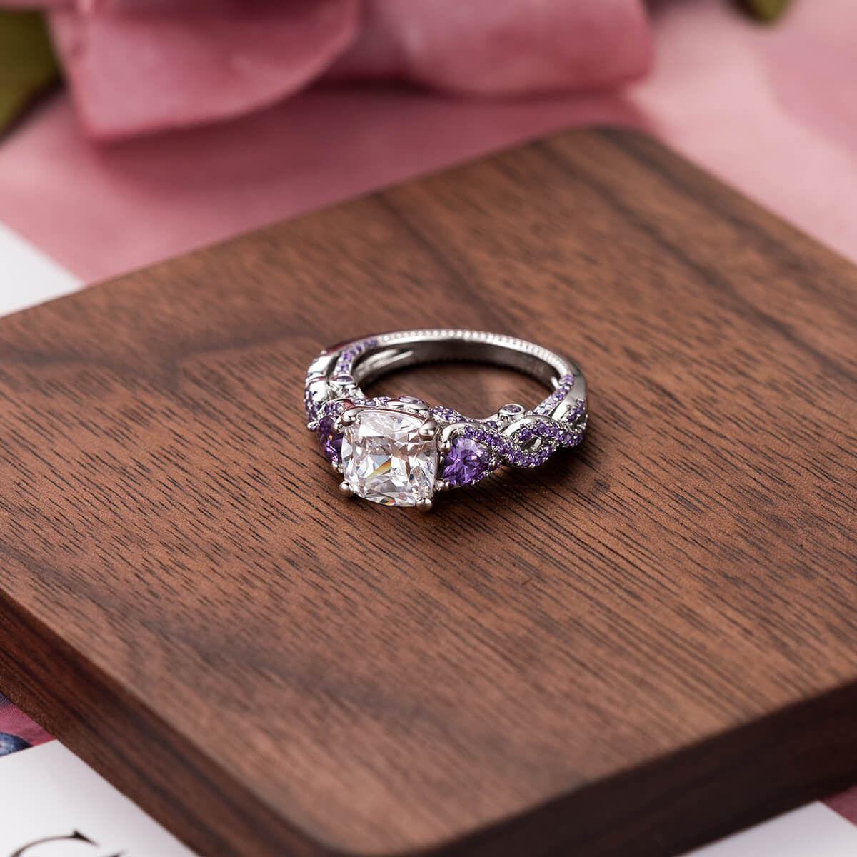 Cushion Cut Amethyst Purple Sterling Silver 3-Stone Bridal Ring Set