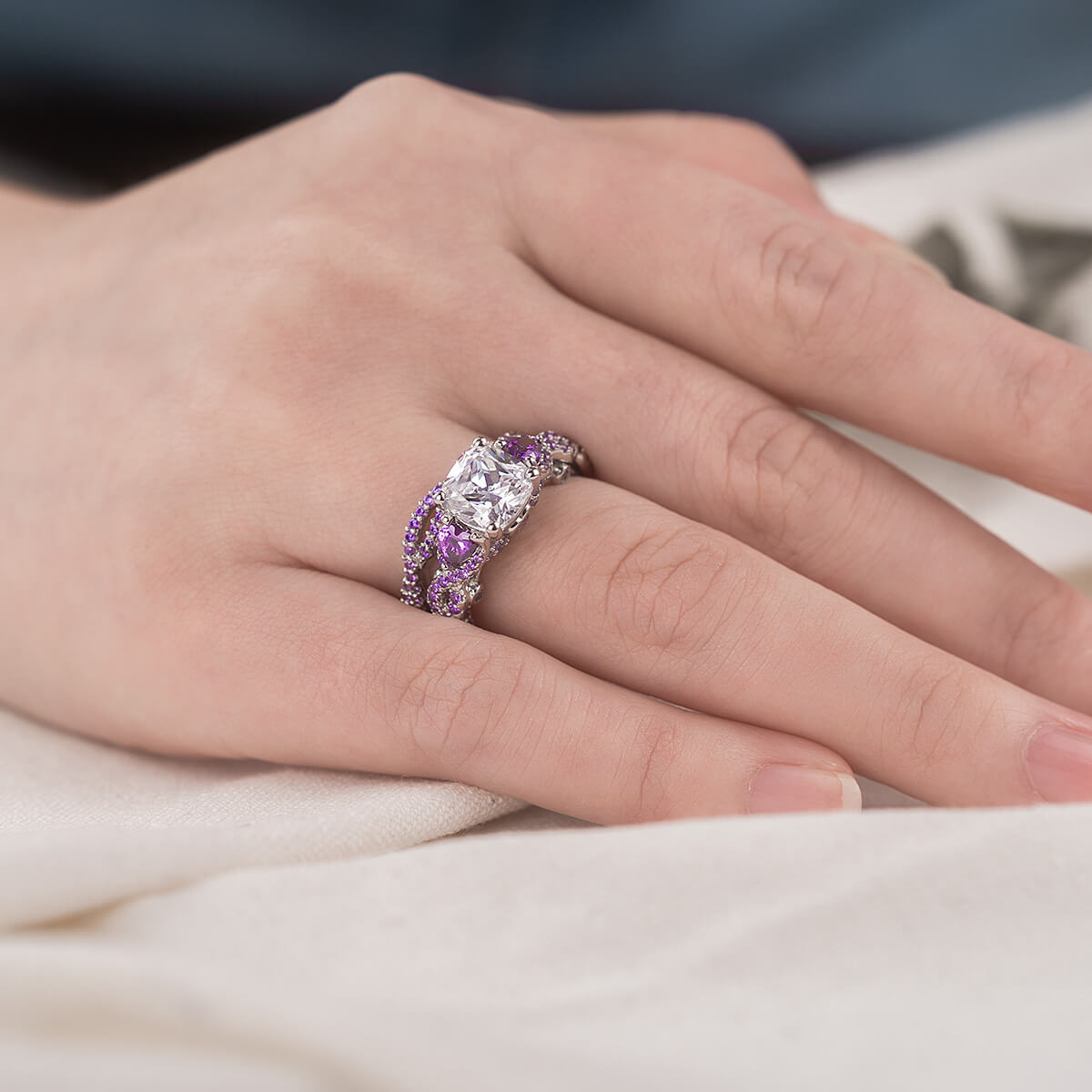 Cushion Cut Amethyst Purple Sterling Silver 3-Stone Bridal Ring Set