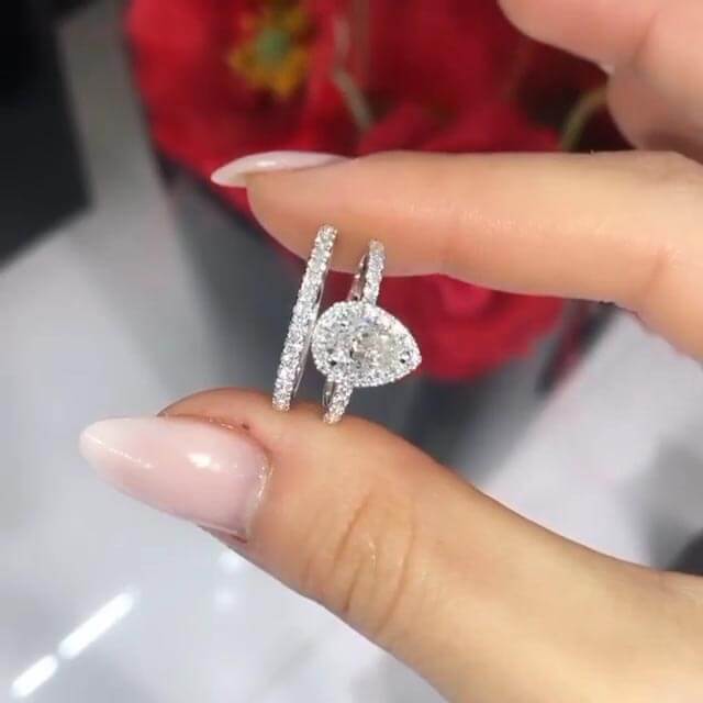 Pear Cut Diamond White 925 Sterling Silver 2 Pieces Halo Bridal Ring Set
