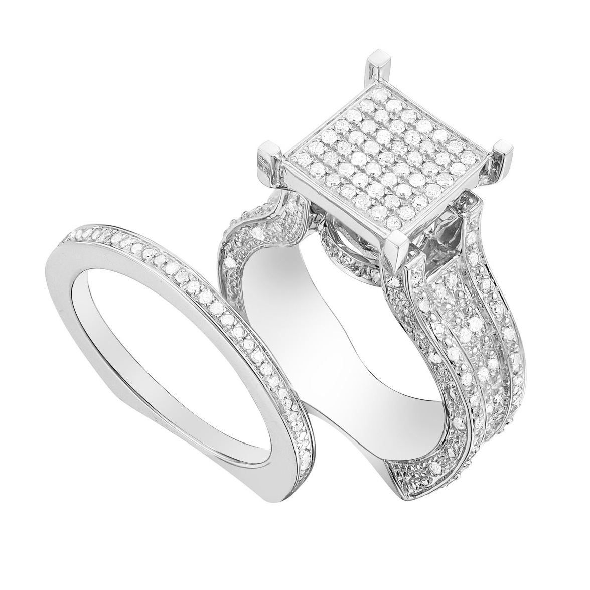 Round Cut Diamond White Sterling Silver Art Deco Bridal Ring Set