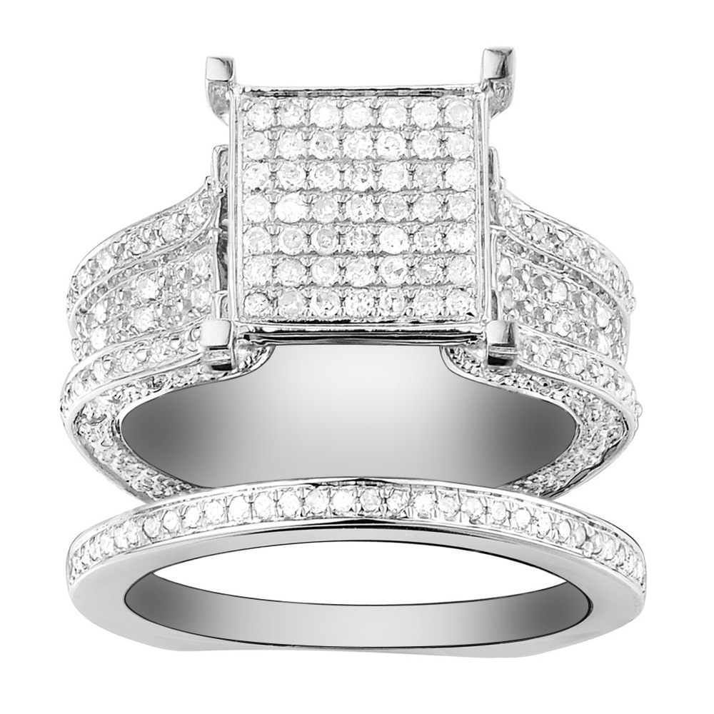 Round Cut Diamond White Sterling Silver Art Deco Bridal Ring Set