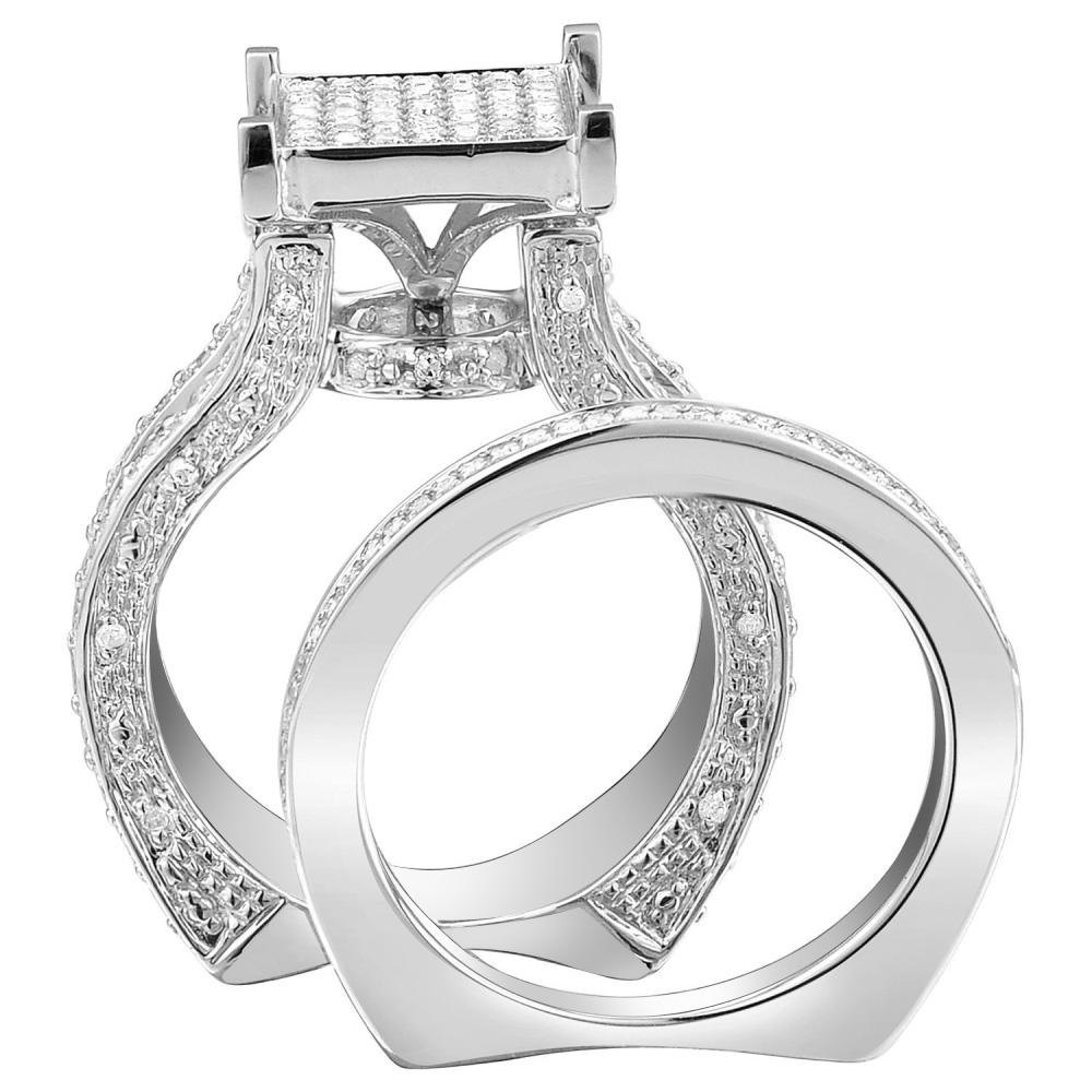 Round Cut Diamond White Sterling Silver Art Deco Bridal Ring Set