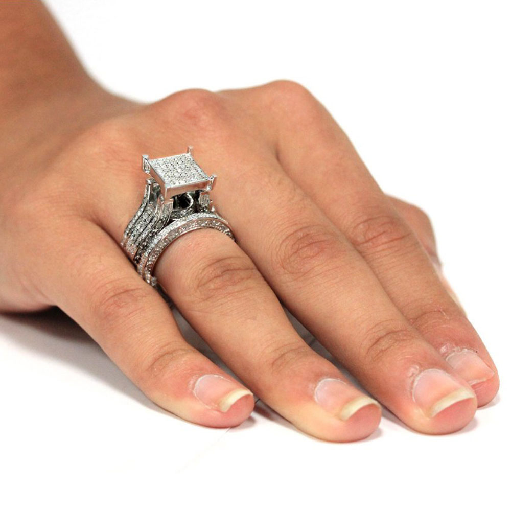 Round Cut Diamond White Sterling Silver Art Deco Bridal Ring Set