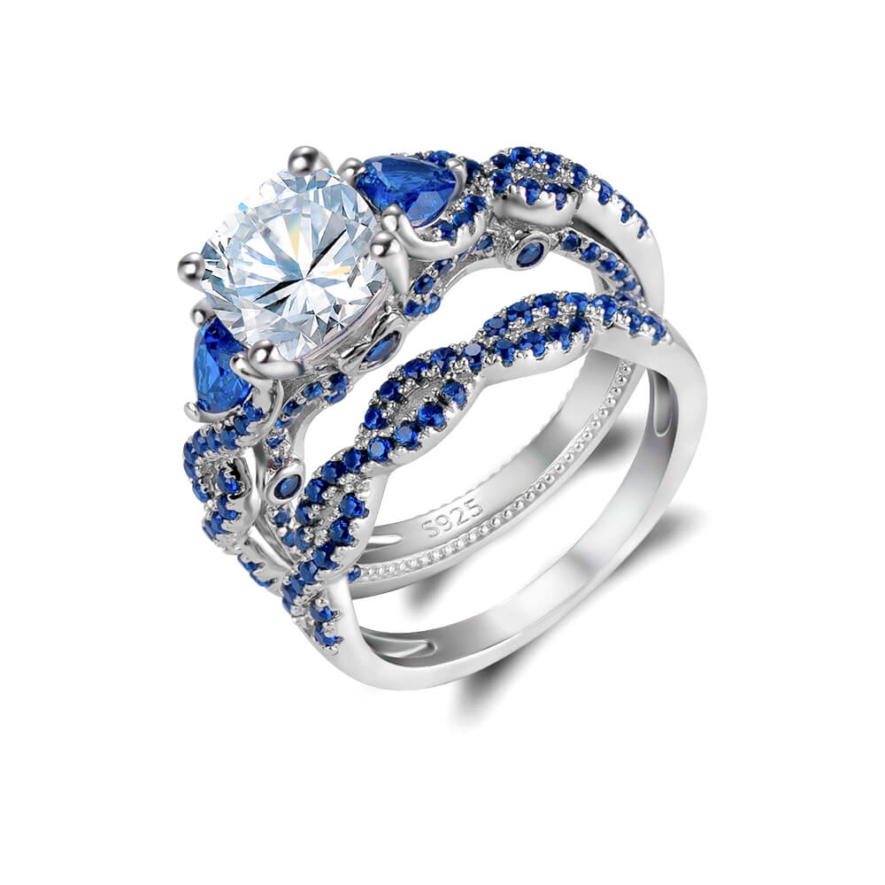 Cushion Cut Blue Sapphire Sterling Silver 2 Pieces Twisted Bridal Ring Set
