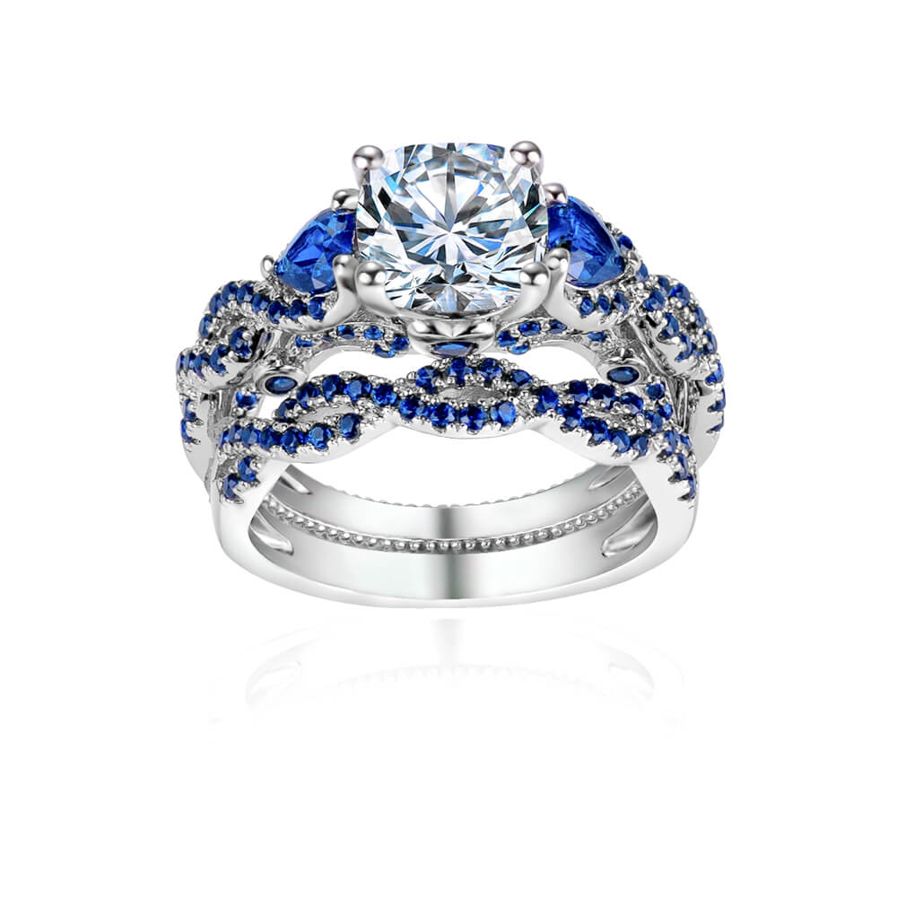 Cushion Cut Blue Sapphire Sterling Silver 2 Pieces Twisted Bridal Ring Set