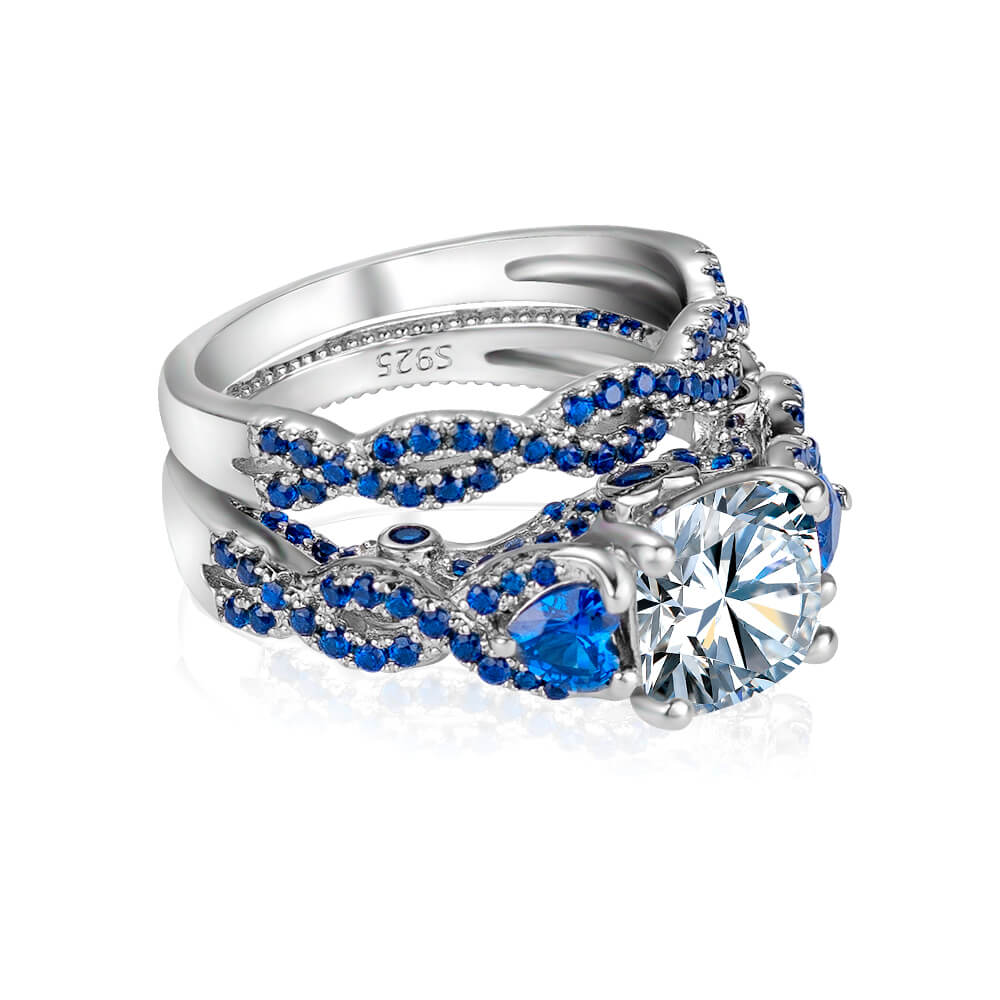 Cushion Cut Blue Sapphire Sterling Silver 2 Pieces Twisted Bridal Ring Set