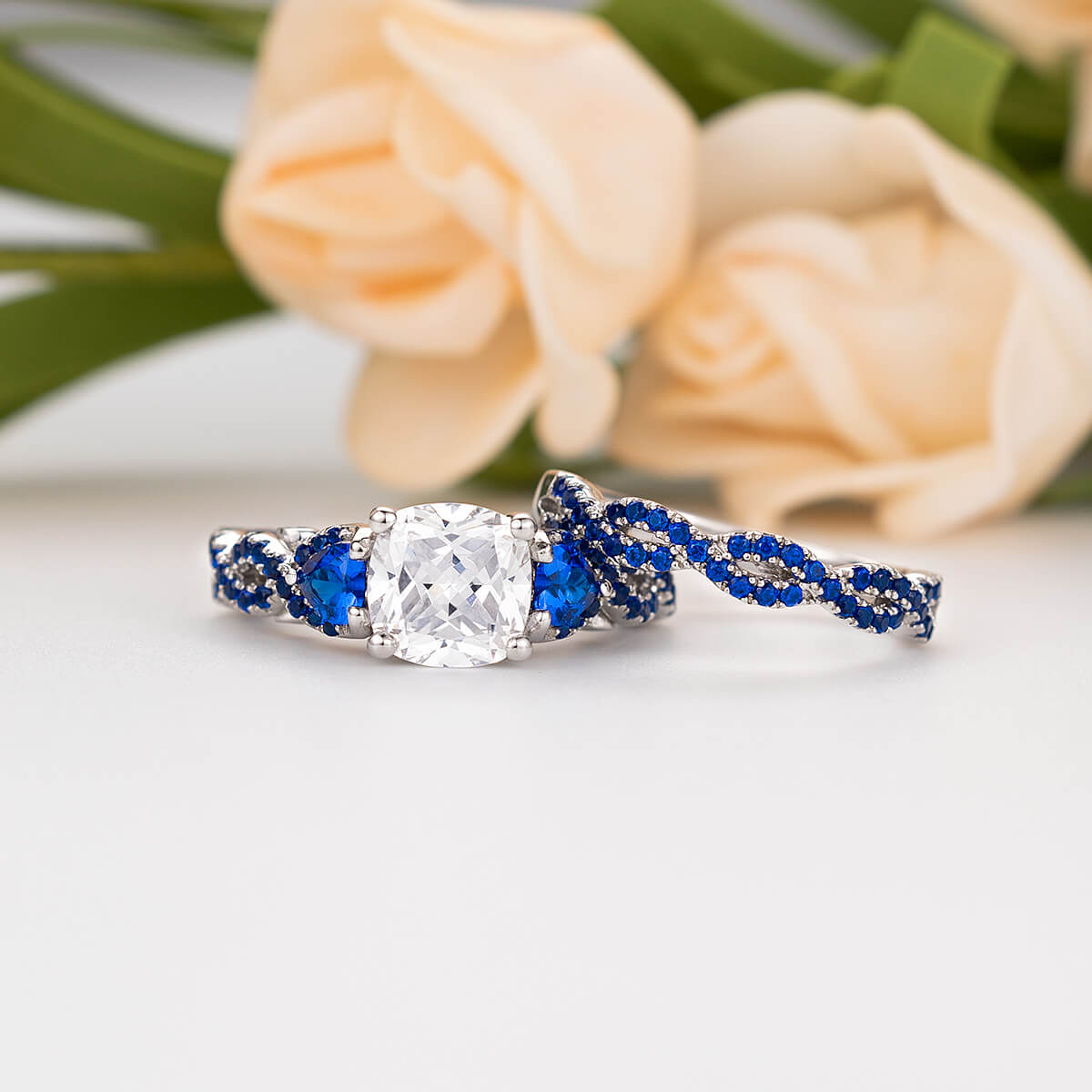 Cushion Cut Blue Sapphire Sterling Silver 2 Pieces Twisted Bridal Ring Set