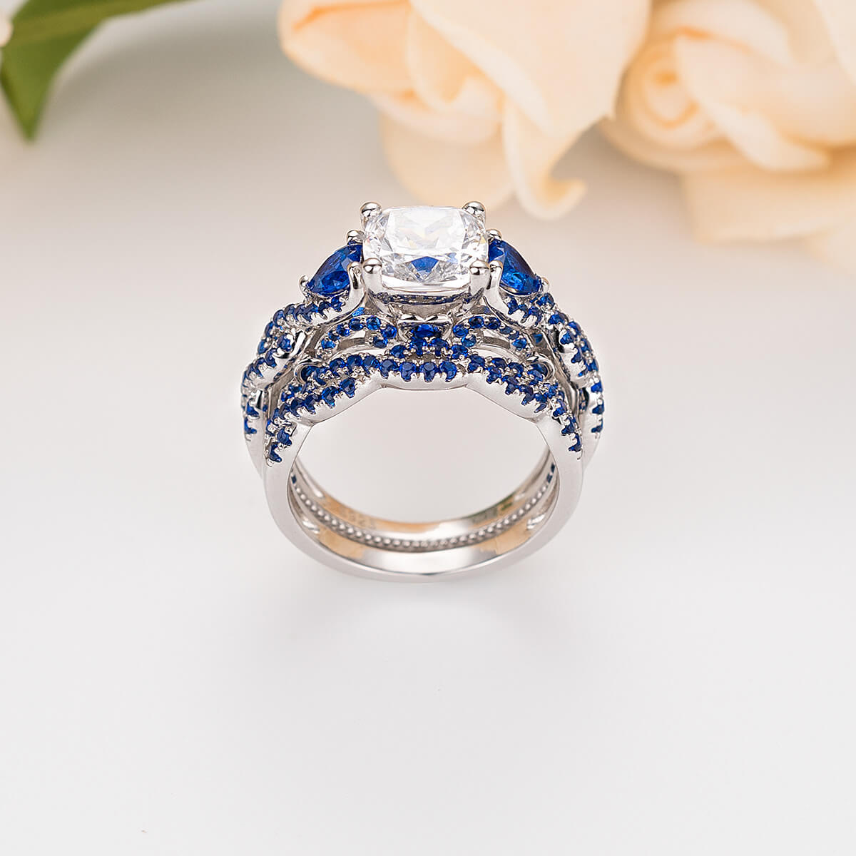 Cushion Cut Blue Sapphire Sterling Silver 2 Pieces Twisted Bridal Ring Set