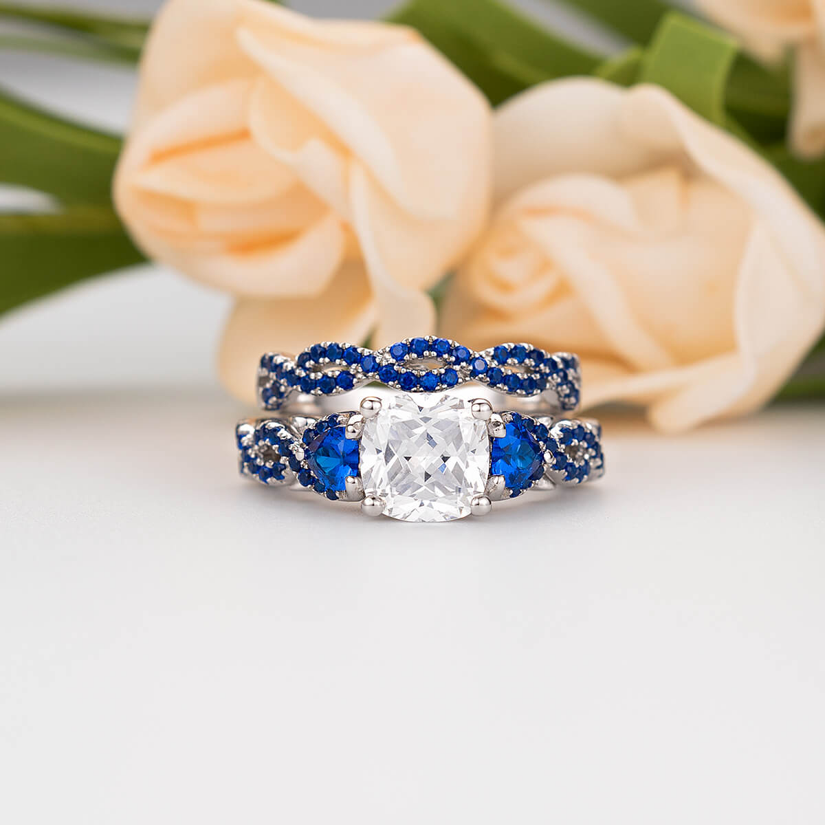Cushion Cut Blue Sapphire Sterling Silver 2 Pieces Twisted Bridal Ring Set