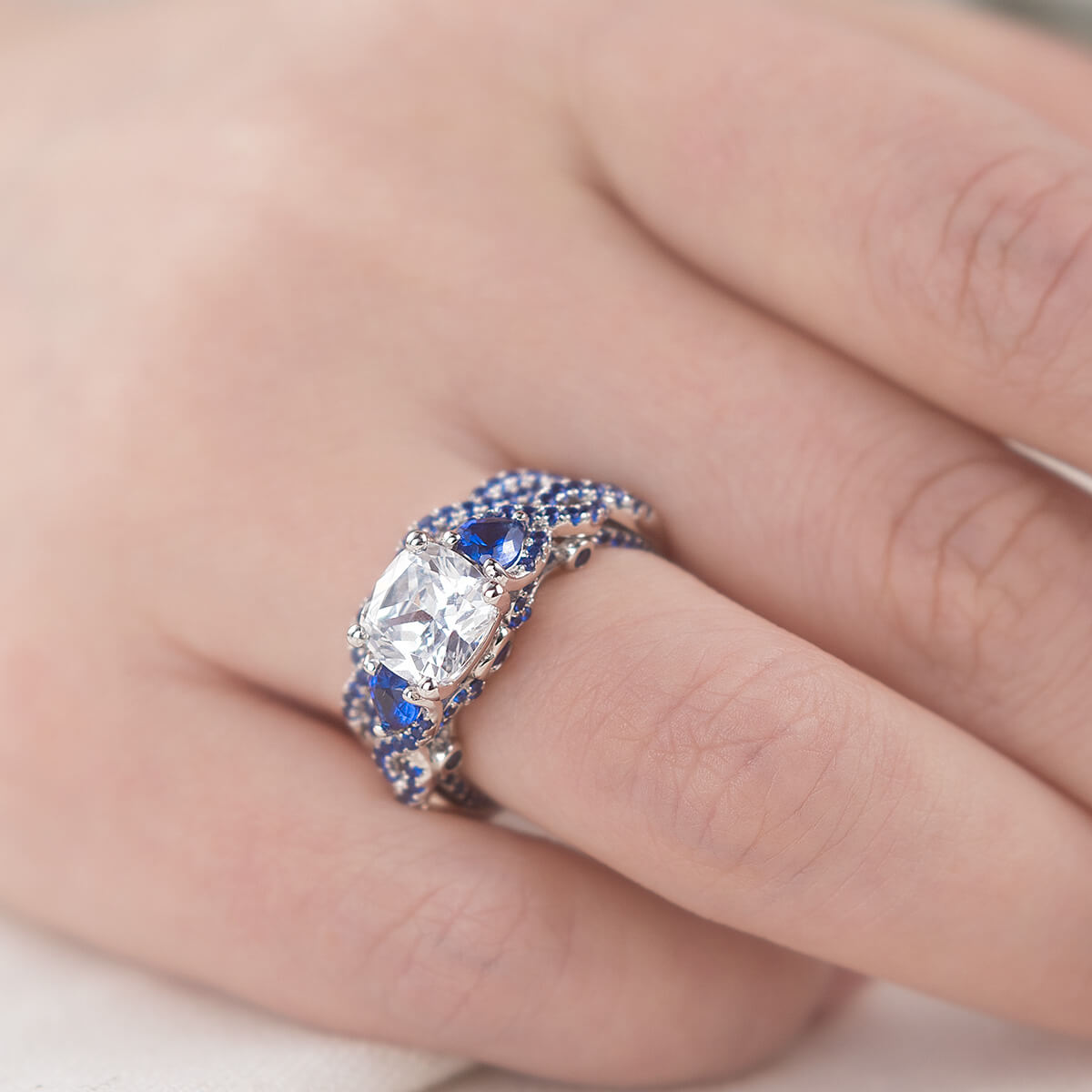 Cushion Cut Blue Sapphire Sterling Silver 2 Pieces Twisted Bridal Ring Set