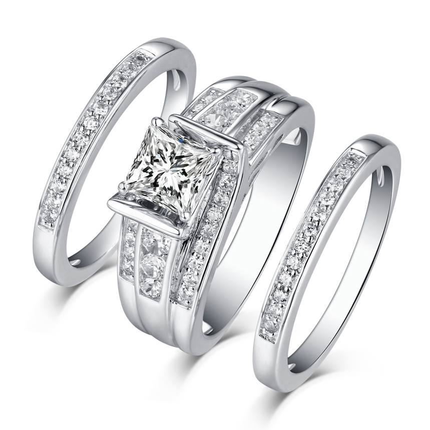 Princess Cut 925 Sterling Silver Diamond White 3-Piece Bridal Ring Set