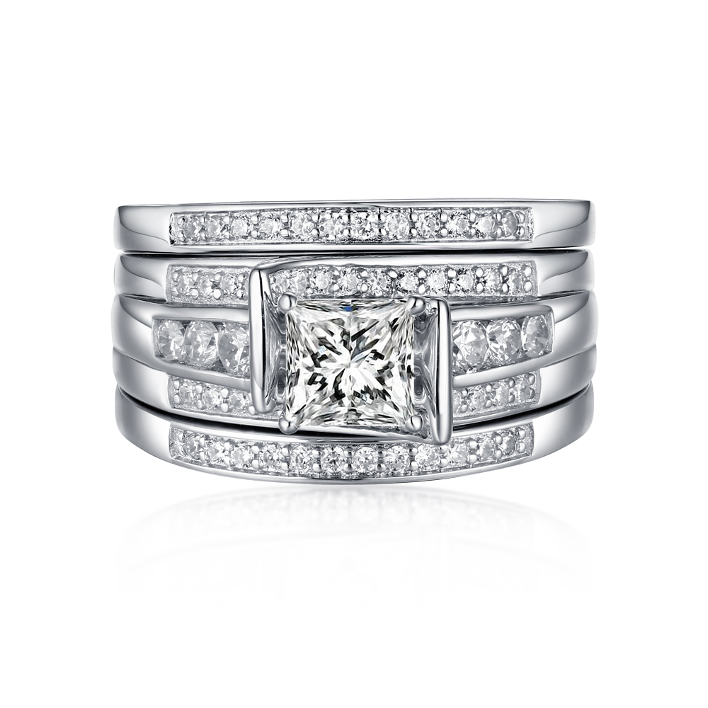 Princess Cut 925 Sterling Silver Diamond White 3-Piece Bridal Ring Set