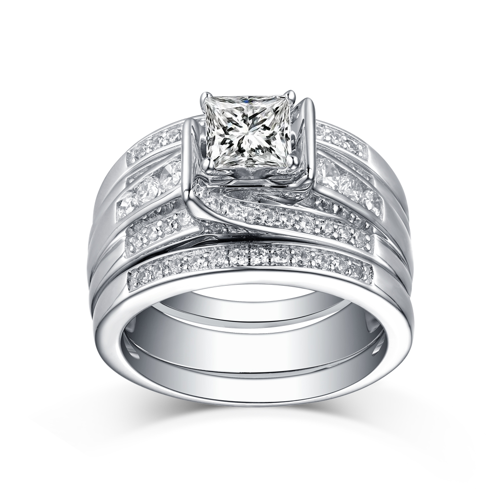 Princess Cut 925 Sterling Silver Diamond White 3-Piece Bridal Ring Set