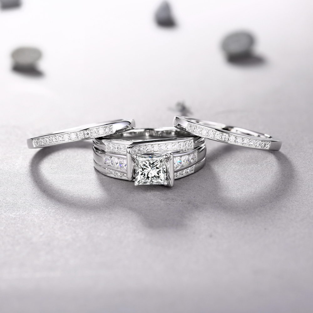 Princess Cut 925 Sterling Silver Diamond White 3-Piece Bridal Ring Set