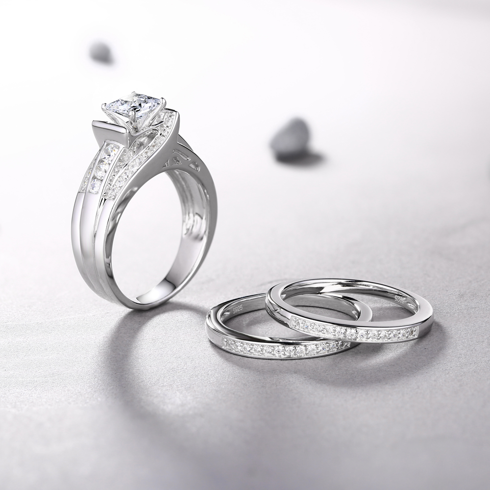 Princess Cut 925 Sterling Silver Diamond White 3-Piece Bridal Ring Set