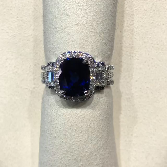 Cushion Cut Sapphire Blue 925 Sterling Silver 3-Piece Bridal Ring Set