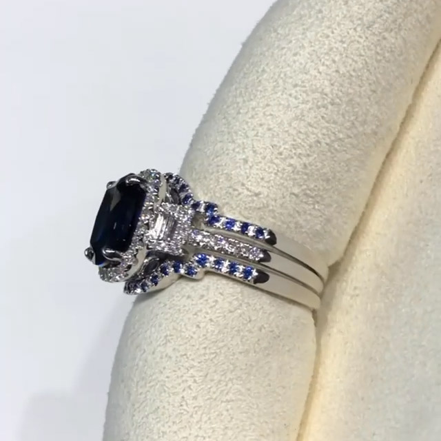 Cushion Cut Sapphire Blue 925 Sterling Silver 3-Piece Bridal Ring Set