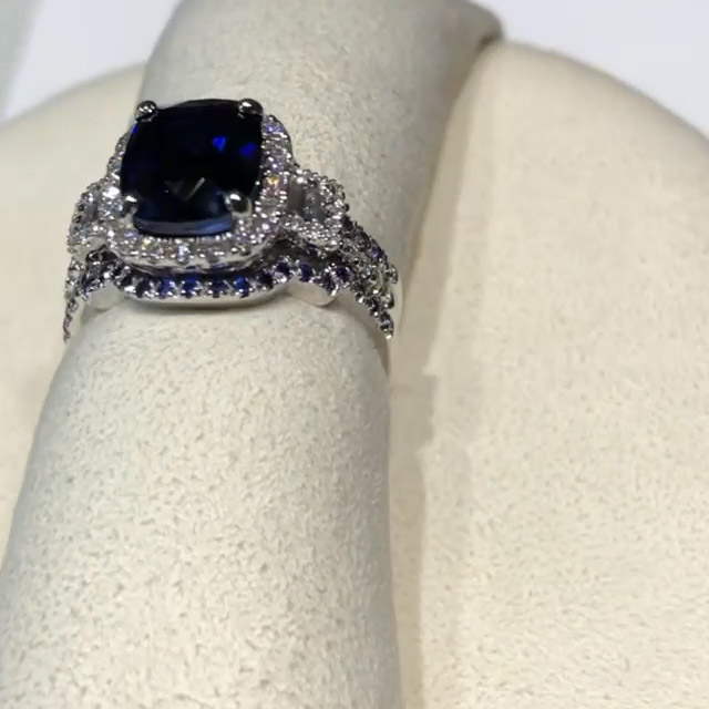 Cushion Cut Sapphire Blue 925 Sterling Silver 3-Piece Bridal Ring Set