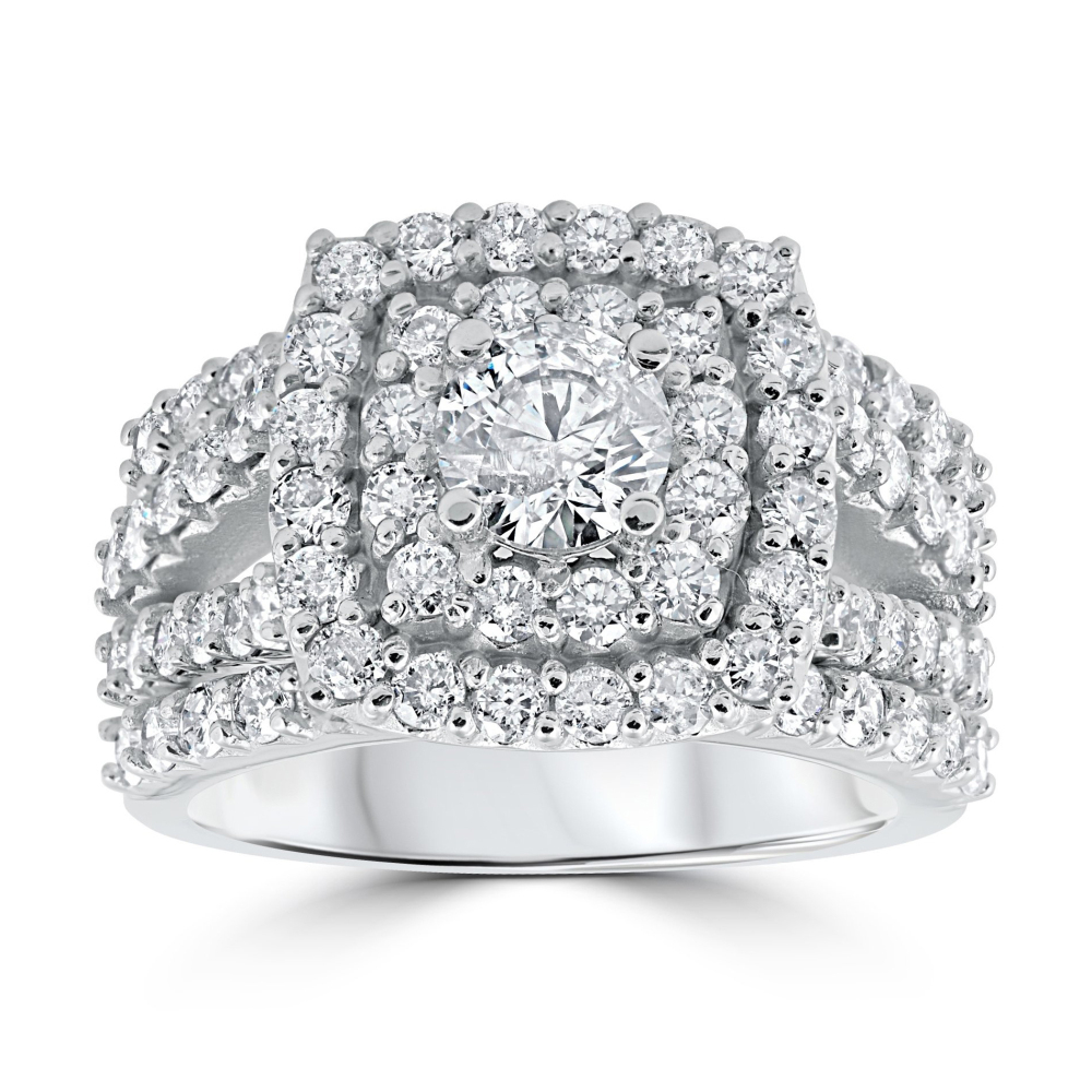 Round Cut Diamond White Sterling Silver 3-Piece Double Halo Bridal Ring Set