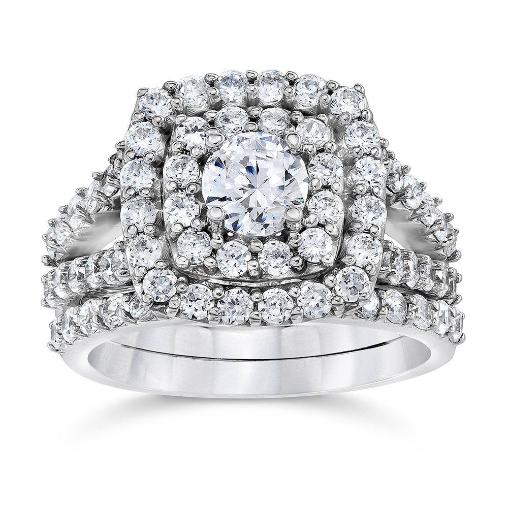 Round Cut Diamond White Sterling Silver 3-Piece Double Halo Bridal Ring Set
