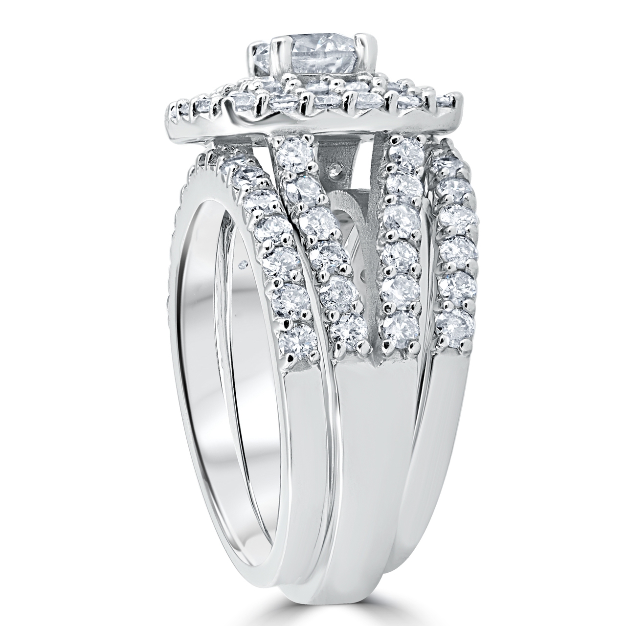 Round Cut Diamond White Sterling Silver 3-Piece Double Halo Bridal Ring Set