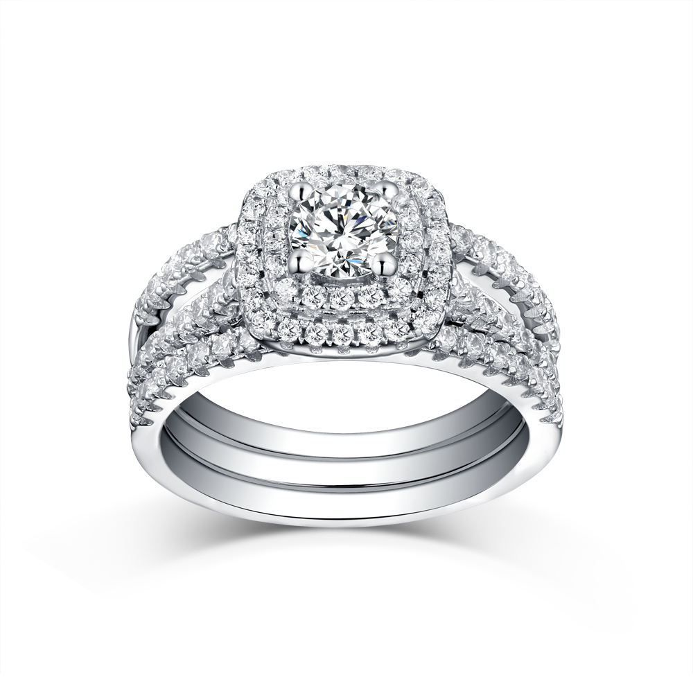 Round Cut Diamond White 3-Piece 925 Sterling Silver Double Halo Bridal Ring Set